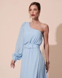 Vestido de Festa Longo um Ombro Só Manga Longa com Cinto Azul Serenity