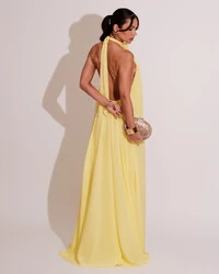 Vestido Longo Crepe Chiffon Frente Única Fluido Flor Removível Amarelo