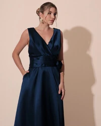 Vestido de Festa Longo Plus Size Zibeline Faixa e Flor Azul Marinho