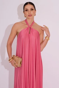 Vestido Longo com Amarração em Malha Rosa