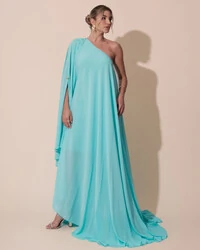 Vestido de Festa um Ombro com Capa Crepe Fluido Tiffany