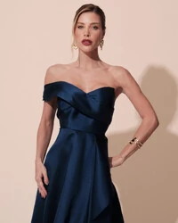 Vestido de Festa Longo Zibeline um Ombro Só Mullet Azul Marinho