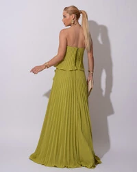 Vestido de Festa Longo Crepe Chiffon Tomara que Caia Plissado com Babado Cascata Verde Pistache