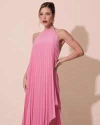 Vestidos de Festa Longo Chiffon Fluido Frente Única Plissado Duplo Rosa