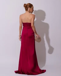 Vestido de Festa Longo Cetim Alfaiataria Tomara que Caia Fenda Beterraba