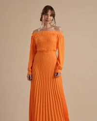 Vestido de Festa Longo Crepe Chiffon Plissado Ombro a Ombro Laranja