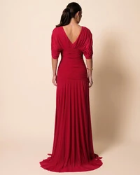 Vestido de Festa Longo Tule Manga Curto Drapeado Cereja