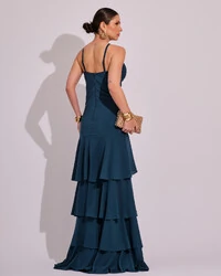 Vestido Longo Frente Única em Crepe com Babados e Camadas Verde