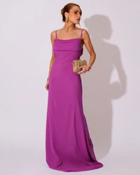 Vestido de Festa Longo Crepe Chiffon Costas Lenço Cauda Fúcsia