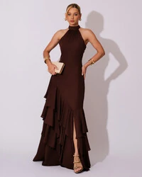 Vestido de Festa Longo Chiffon Crepe Gola Alta Babados Marrom