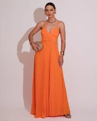 Vestido de Festa Longo Plissado Crepe Chiffon com Alça Laranja