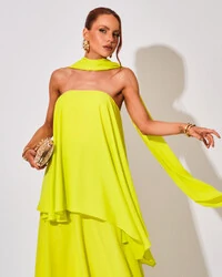 Vestido de Festa Longo Chiffon Crepe em Camadas com Lenço Verde Lima