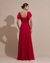 Vestido de Festa Longo Crepe Chiffon Manga Babado e Fenda Vermelho