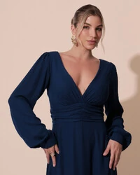 Vestido de Festa Manga Longa com Cintura Drapeada Decote V Azul Marinho