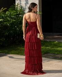 Vestido de Festa Longo Tule Glitter com Camadas Marsala
