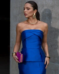 Vestido Midi Zibeline Tomara que Caia com Fenda Azul Royal