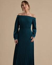 Vestido de Festa Longo Crepe Chiffon Plissado Ombro a Ombro Verde Escuro