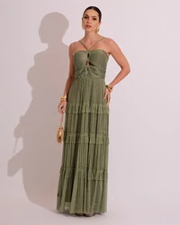 Vestido de Festa Longo Tule com Saia Babado Verde Oliva