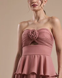 Vestido Longo Crepe Chiffon Tomara que Caia Plissado em Camadas Rose
