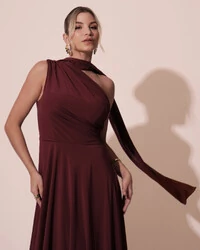 Vestido de Festa Longo Crepe Chiffon Um Ombro Só Drapeado com Lenço Marsala