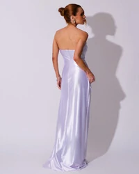 Vestido de Festa longo Cetim Malha Metálico Tomara que Caia Detalhe Drapeado Branco