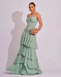 Vestido Longo Frente Única em Crepe com Babados e Camadas Verde Menta