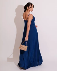 Vestido de Festa Longo Plissado Crepe Chiffon com Alça Azul