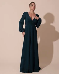 Vestido de Festa Manga Longa com Cintura Drapeada Decote V Verde Escuro