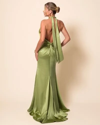 Vestido de Festa Longo em Cetim Alfaiataria com Elastano Frente Única Verde Pistache