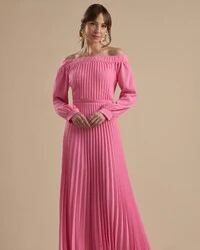 Vestido de Festa Longo Crepe Chiffon Plissado Ombro a Ombro Rosa