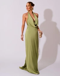 Vestido de Festa Longo Frente Única Degagê Cetim Fluido Verde Pistache