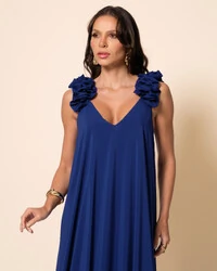 Vestido de Festa Longo Crepe Chiffon Fluido Decote em V Flores Azul Marinho