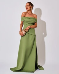 Vestido de Festa Longo Alfaiataria Ombro a Ombro Drapeado com Fenda Verde Matcha