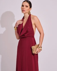 Vestido de Festa Longo com Decote Degagê Marsala