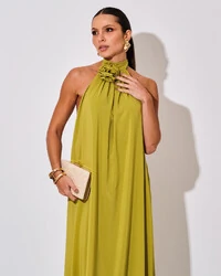 Vestido Longo Crepe Chiffon Frente Única Fluido Flor Removível Verde Lima