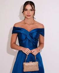 Vestido de Festa Longo Zibeline Ombro a Ombro com Fenda Azul Royal