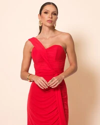 Vestido de Festa Longo Tule Tomara que Caia Faixa Detalhe Drapeado e Fenda Vermelho