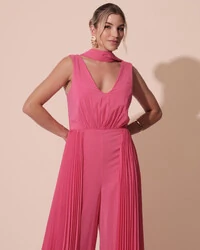 Macacão de Festa Longo Crepe Pantalona Plissado e Lenço Pink New