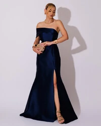 Vestido de Festa Zibeline com Faixa Ombro a Ombro Azul Marinho