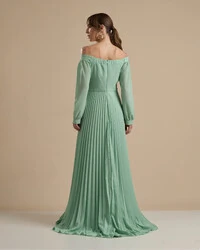 Vestido de Festa Longo Crepe Chiffon Plissado Ombro a Ombro Verde Menta