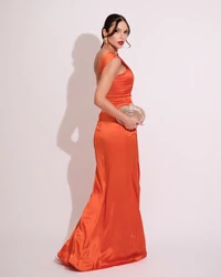Vestido de Festa Longo Cetim Alfaiataria Tomara que Caia Faixa Laranja