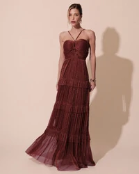 Vestido de Festa Longo Tule com Saia Babado Marsala