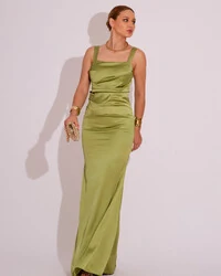 Vestido Longo de Festa Cetim Alfaiataria Drapeado Sereia Verde Lima