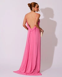 Vestido de Festa Longo Crepe Chiffon Costas Lenço Cauda Rosa