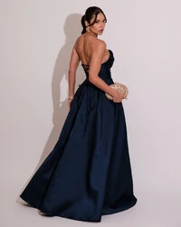 Vestido de Festa Longo Tomara que Caia Trançado Costa em Zibeline Azul Marinho