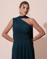 Vestido de Festa Longo Crepe Chiffon Um Ombro Só Drapeado com Lenço Verde Escuro