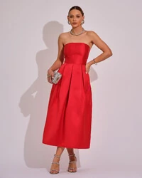 Vestido Midi Tomara que Caia Zibeline Com Pregas Vermelho