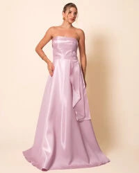 Vestido de Festa Longo Cetim Cristal Tomara que Caia Detalhe Rosa