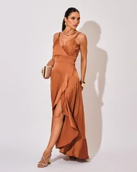 Vestido Midi Babado Acetinado Mocha Mousse