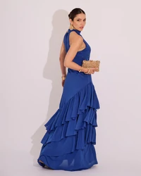 Vestido de Festa Longo Decote Halter com Babados Azul Royal